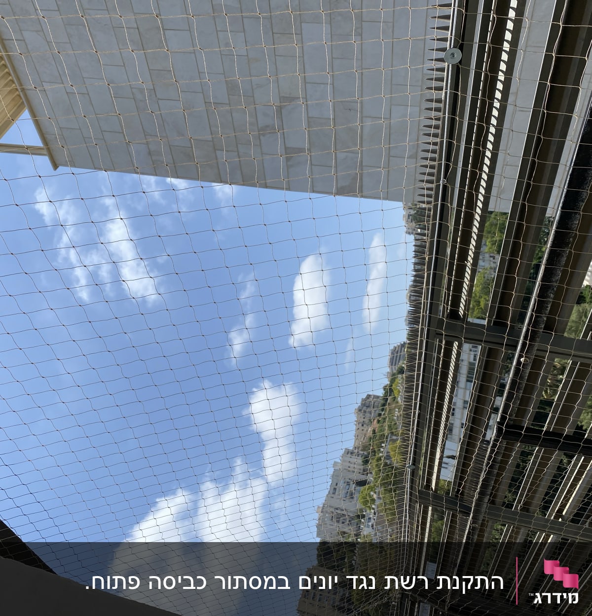 רשת למניעת כניסת יונים על רקע שמיים כחולים